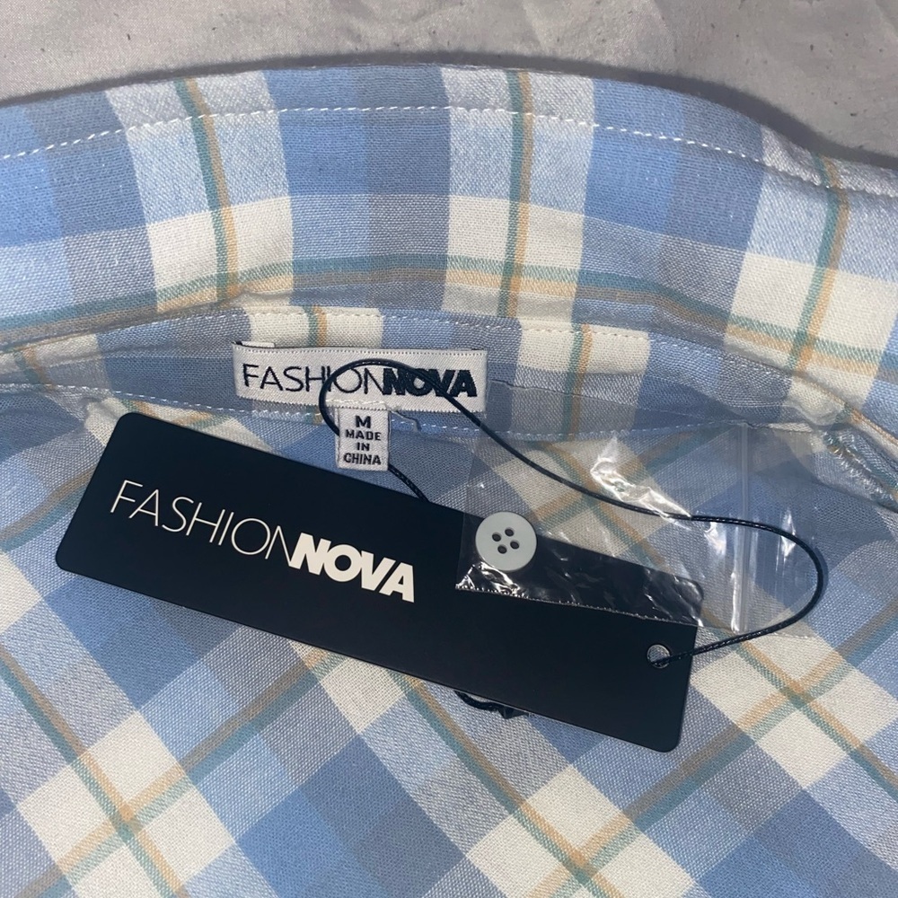 Fashion Nova Light Blue Oversized Plaid Shirt - Picture 5 of 6